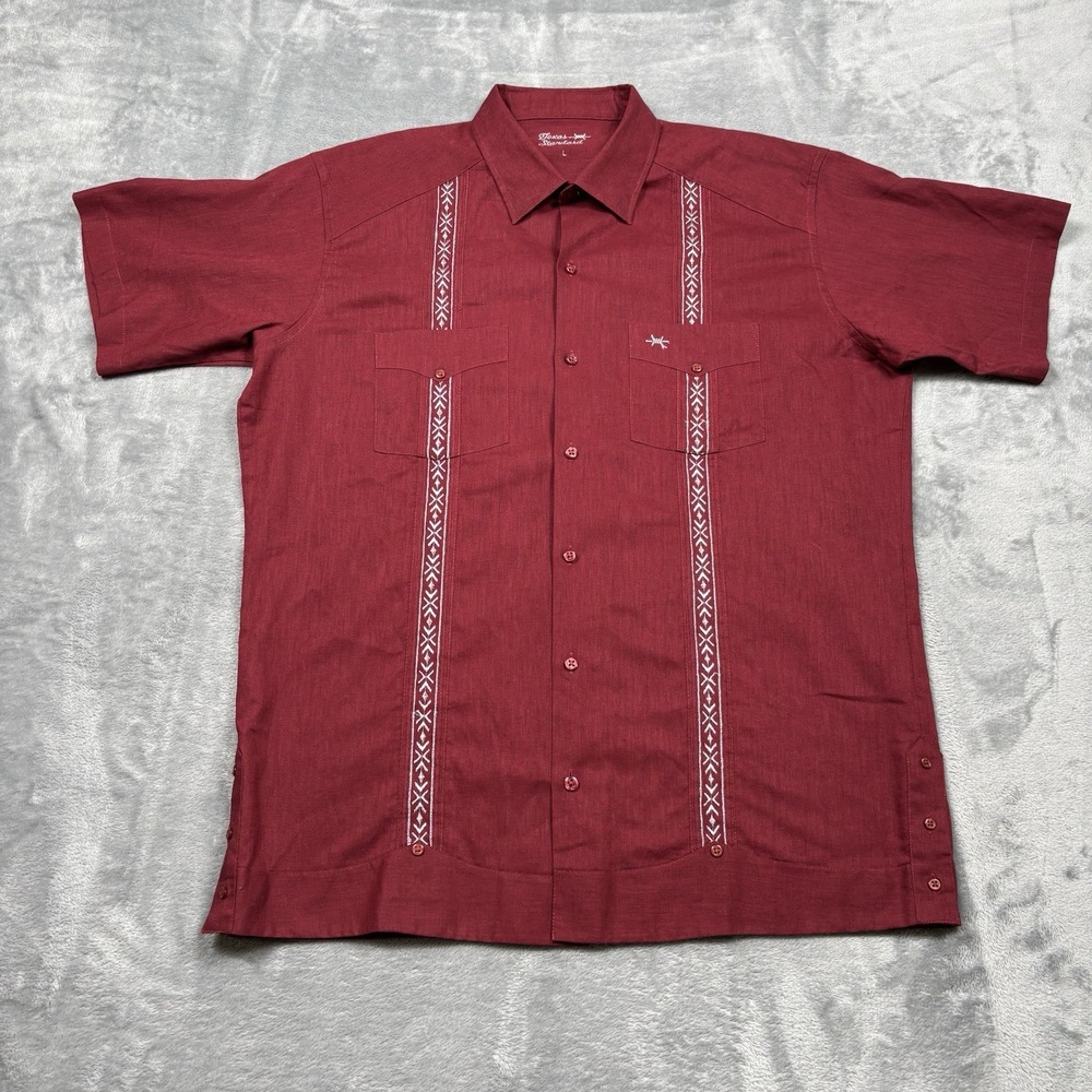 Texas Standard Guayabera Shirt Mens Large Red Linen Short Sleeve Button Up